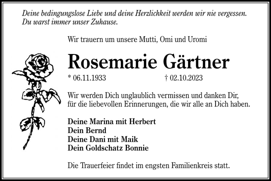 Traueranzeige Rosemarie Gärtner