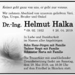 Traueranzeige Dr.-Ing. Helmut Halka