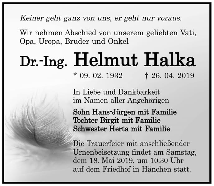 Traueranzeige Dr.-Ing. Helmut Halka