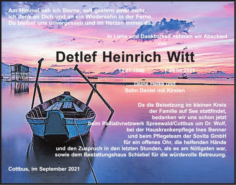 Traueranzeige Detlef Heinrich Witt