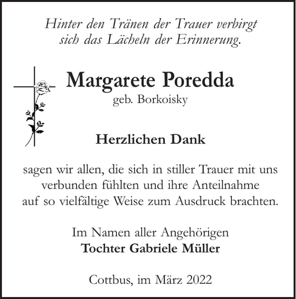 Danksagung Margarete Poredda, geb. Borkoisky