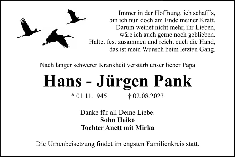 Traueranzeige Hans - Jürgen Pank