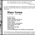 Traueranzeige Hans Szonn