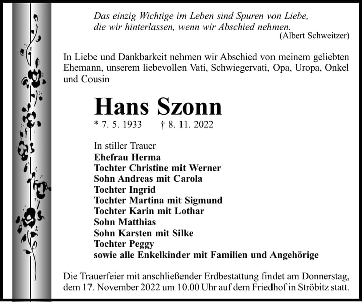 Traueranzeige Hans Szonn