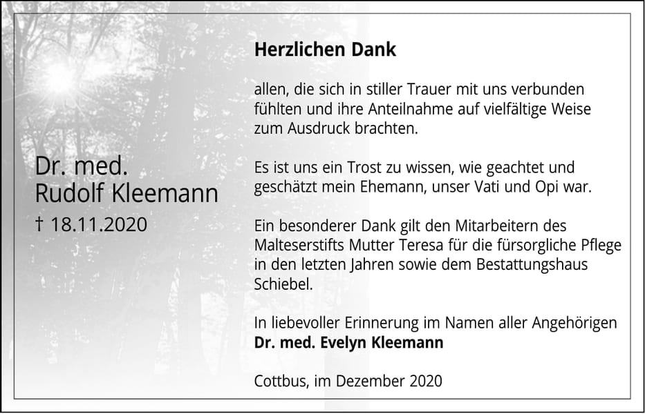Danksagung Rudolf Kleemann