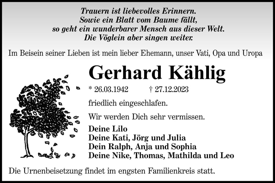 Traueranzeige Gerhard Kählig
