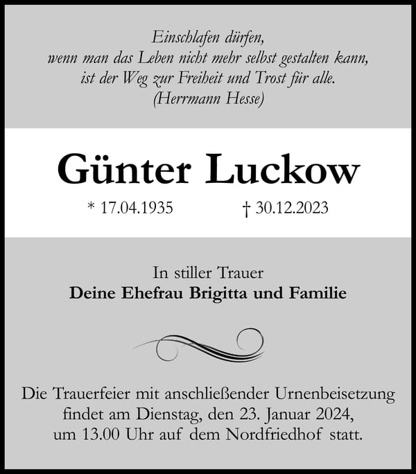 Traueranzeige Günter Luckow