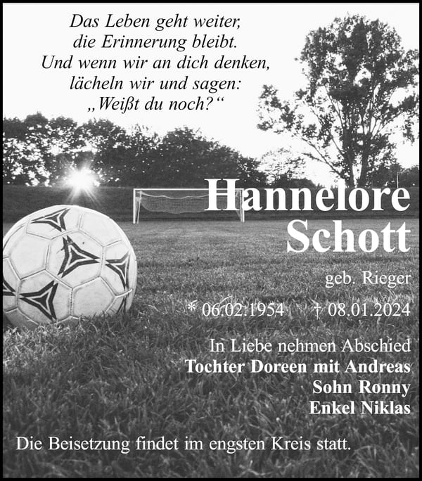 Traueranzeige Hannelore Schott, geb. Rieger