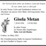 Traueranzeige Gisela Metan