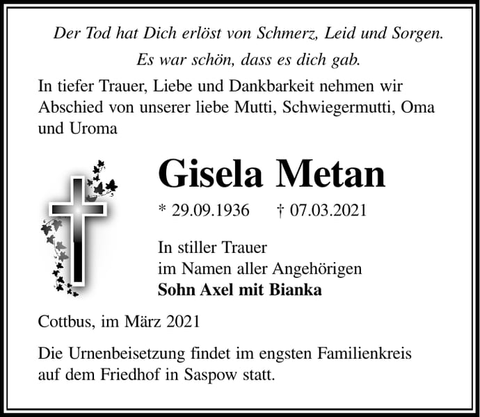 Traueranzeige Gisela Metan