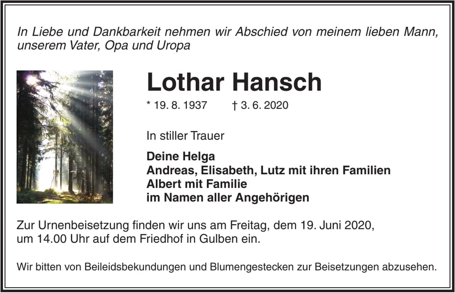 Traueranzeige Lothar Hansch