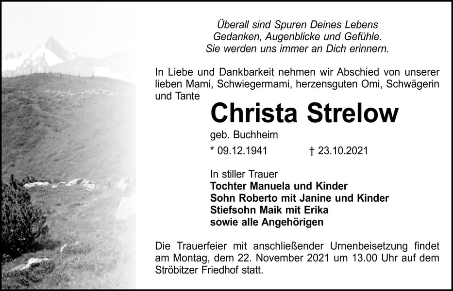 Traueranzeige Christa Strelow, geb. Buchheim