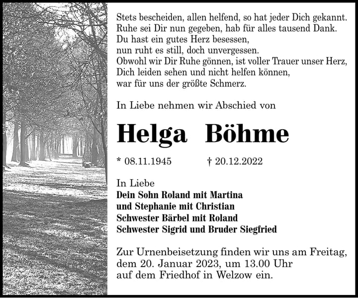 Traueranzeige Helga Böhme