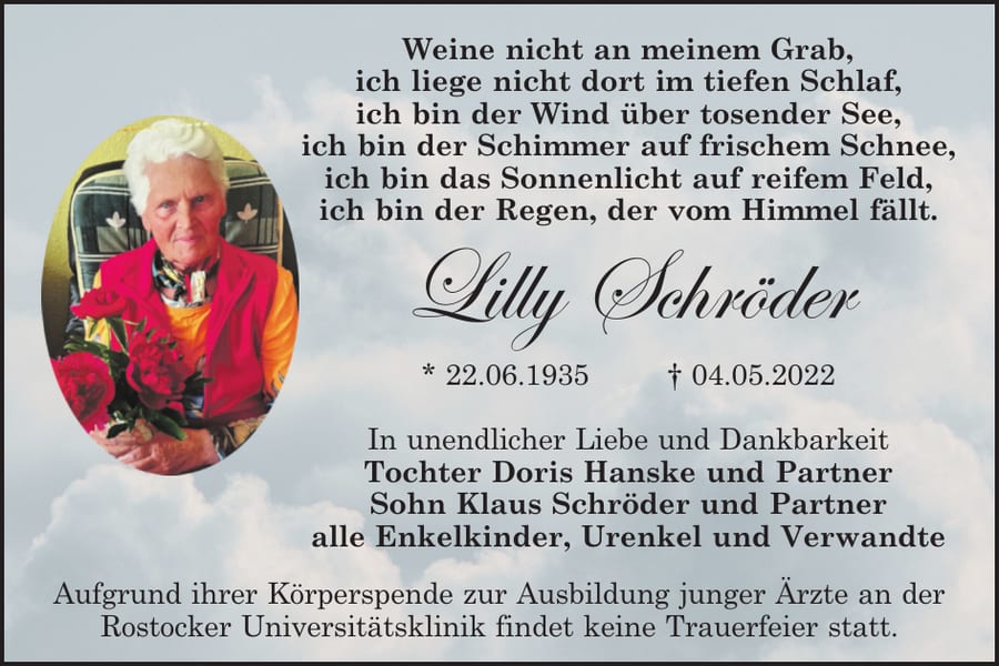 Traueranzeige Lilly Schröder