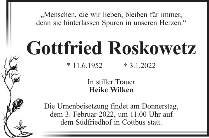 Traueranzeige Gottfried Roskowetz