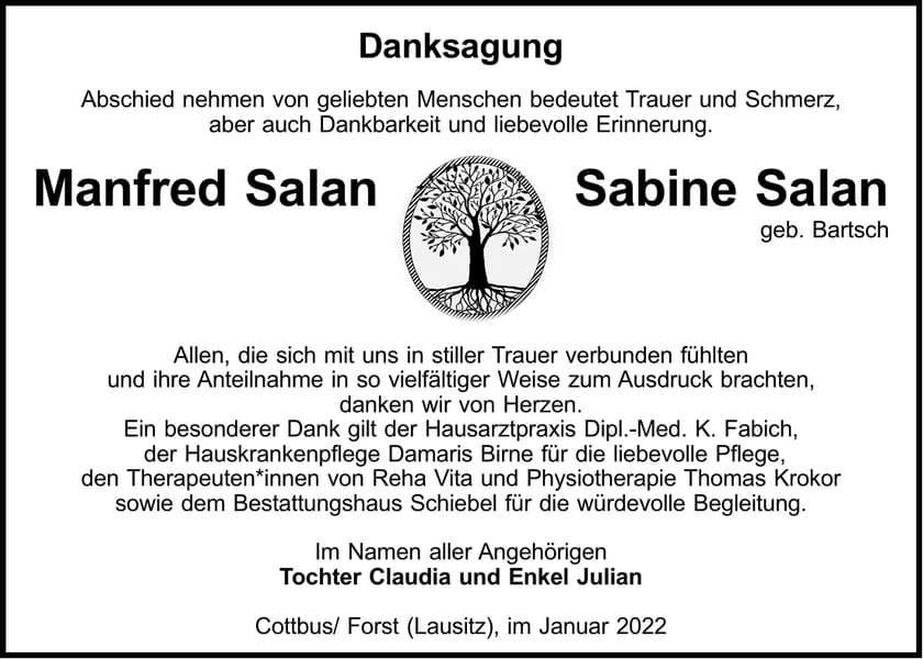 Danksagung Manfred Salan und Sabine Salan, geb. Bartsch