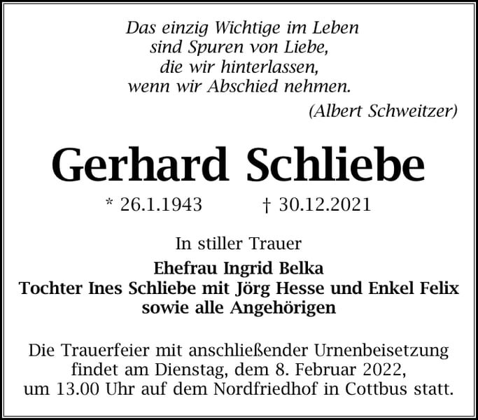 Traueranzeige Gerhard Schliebe