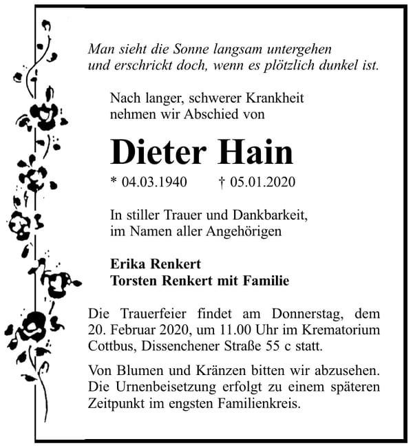 Traueranzeige Dieter Hain