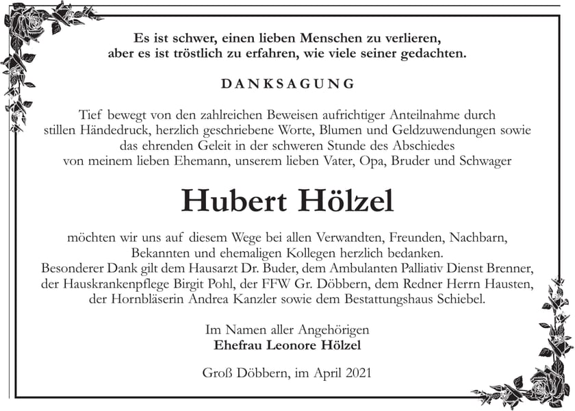 Danksagung Hubert Hölzel