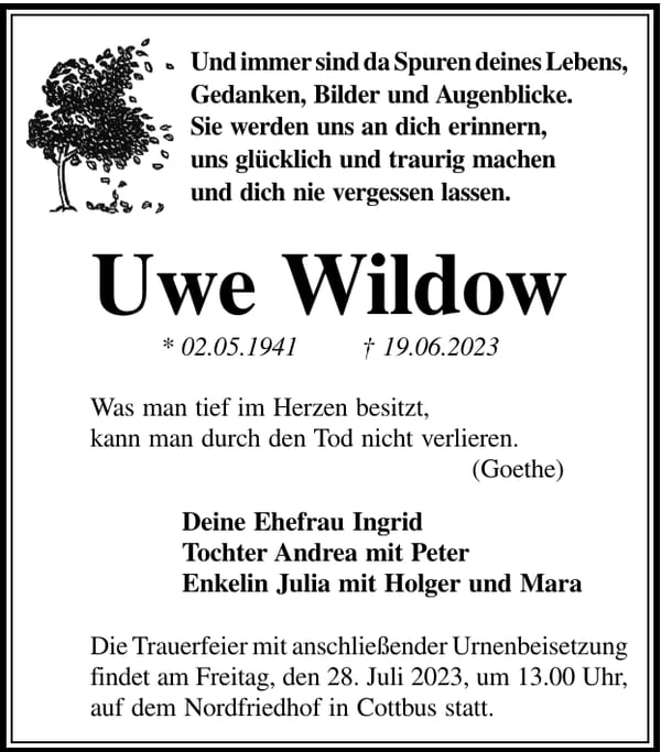 Traueranzeige Uwe Wildow