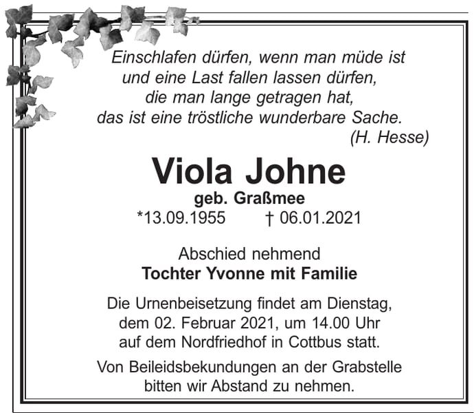 Traueranzeige Viola Johne, geb. Graßmee