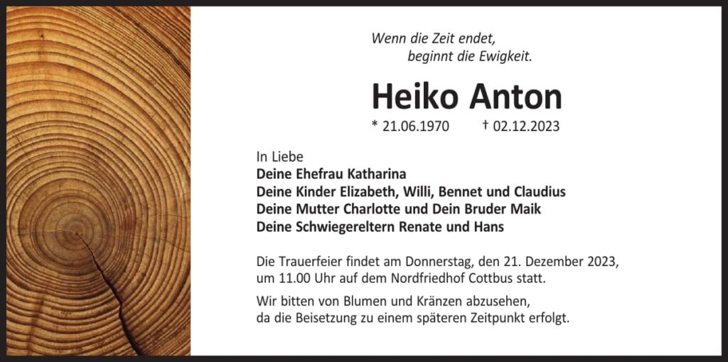 Traueranzeige Heiko Anton