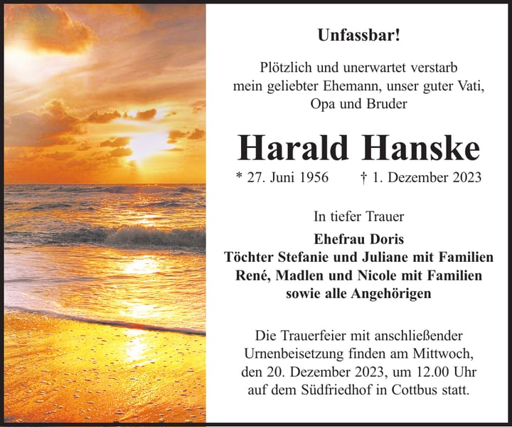 Traueranzeige Harald Hanske