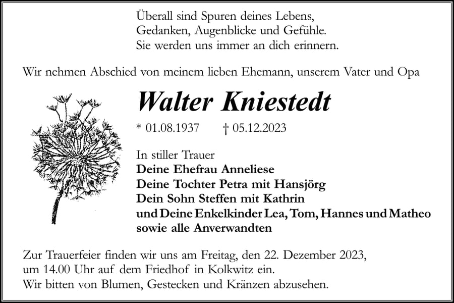 Traueranzeige Walter Kniestedt