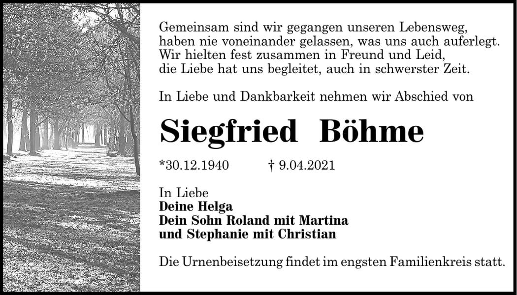 Traueranzeige Siegfried Böhme