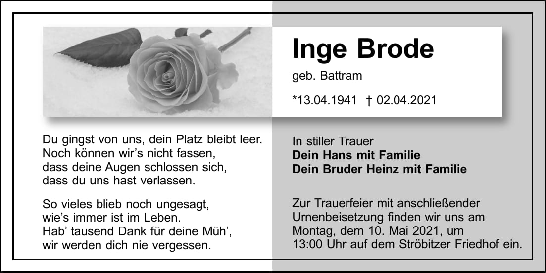 Traueranzeige Inge Brode, geb. Battram