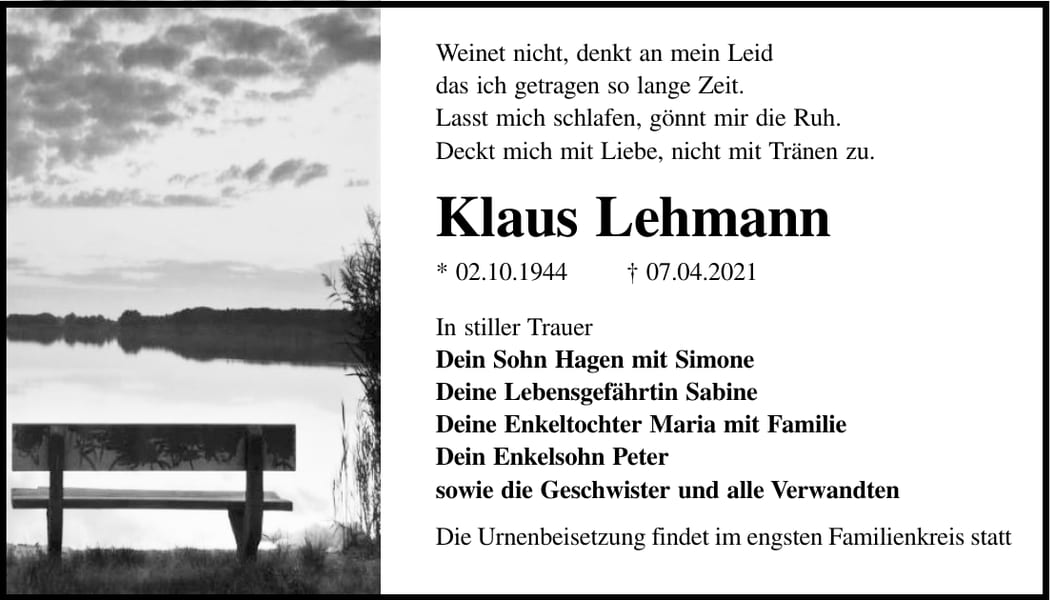 Traueranzeige Klaus Lehmann
