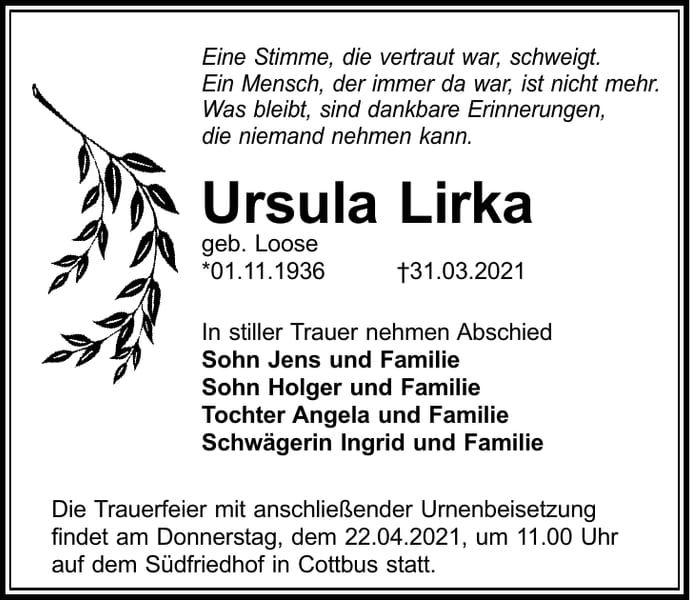 Traueranzeige Ursula Lirka, geb. Loose