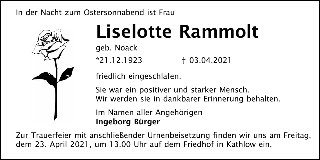 Traueranzeige Liselotte Rammolt, geb. Noack