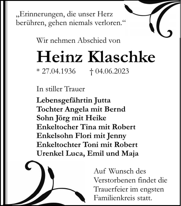 Traueranzeige Heinz Klaschke