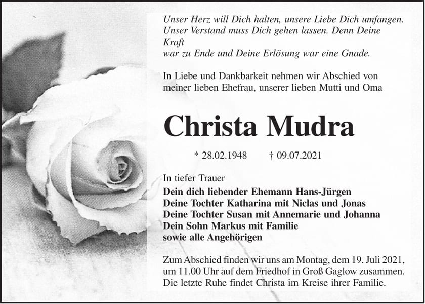 Traueranzeige Christa Mudra