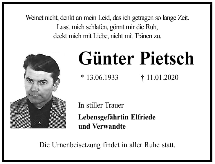 Traueranzeige Günter Pietsch