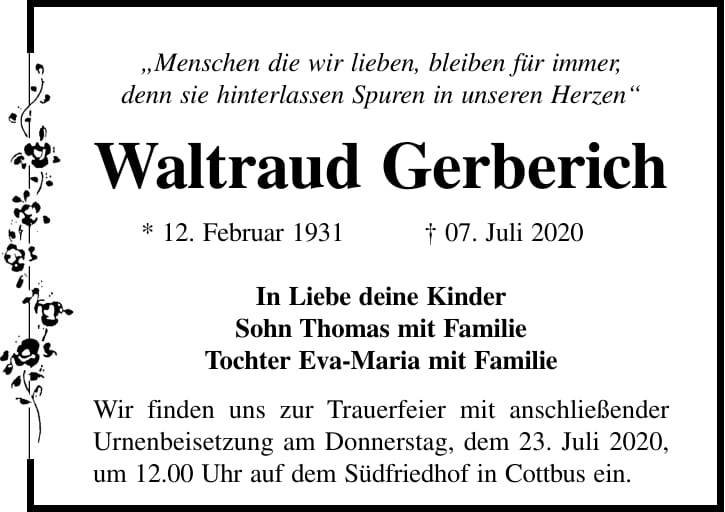Traueranzeige Waltraud Gerberich