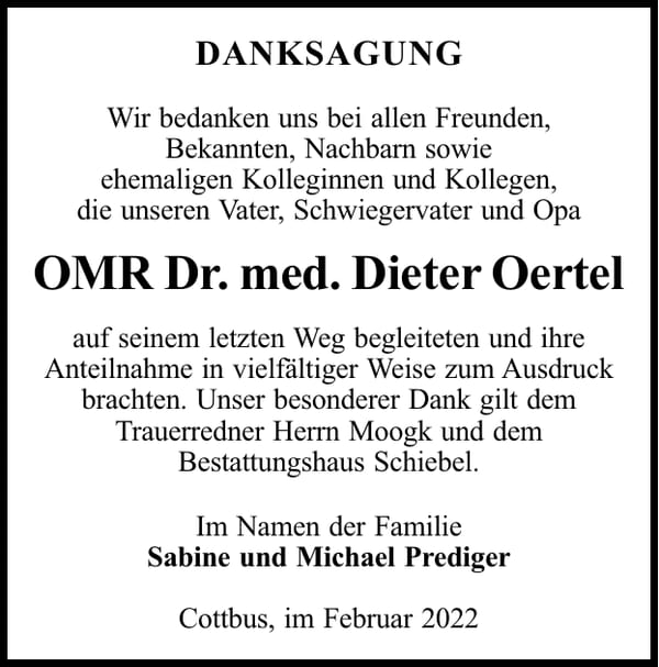 Danksagung OMR Dr. med. Dieter Oertel