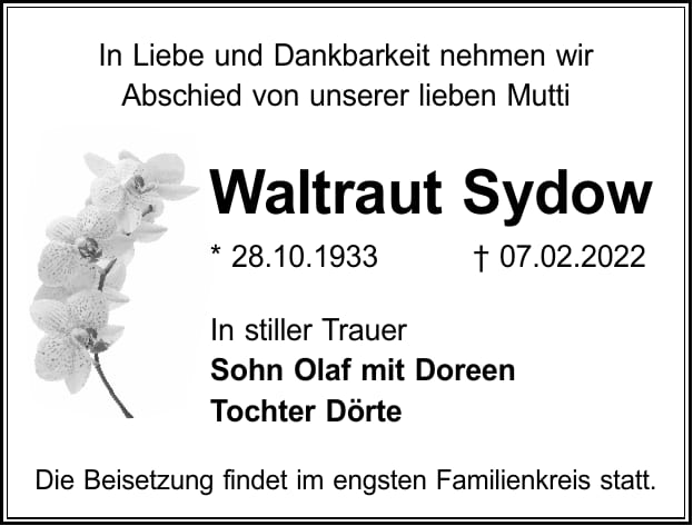 Traueranzeige Waltraut Sydow