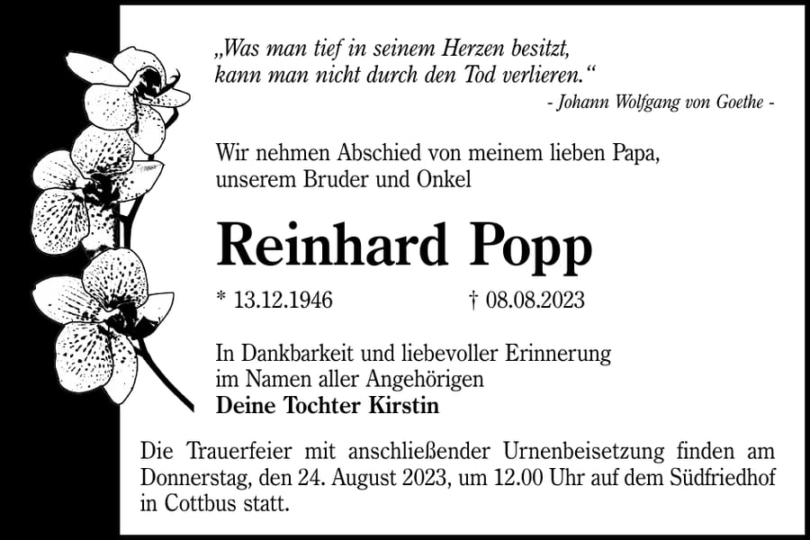 Traueranzeige Reinhard Popp
