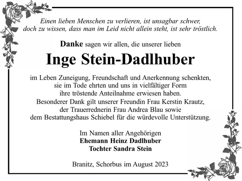 Danksagung Inge Stein-Dadlhuber