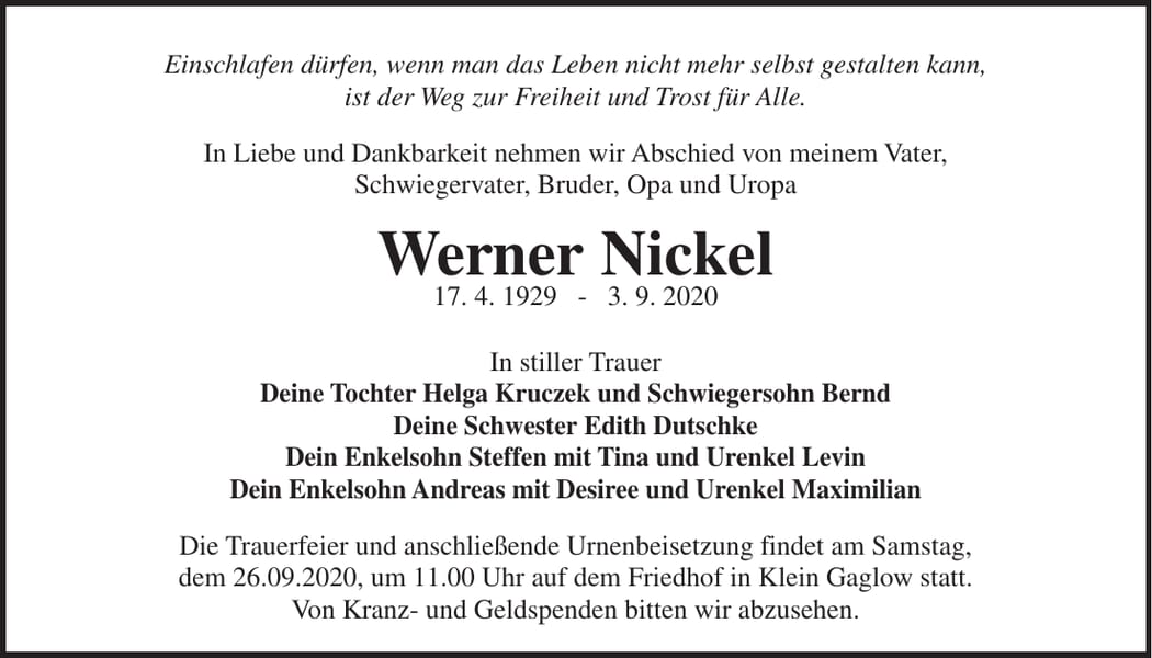 Traueranzeige Werner Nickel