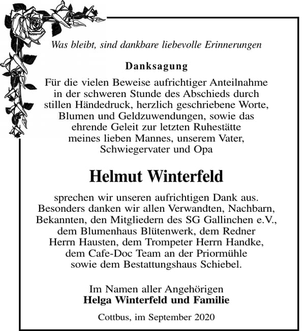 Danksagung Helmut Winterfeld