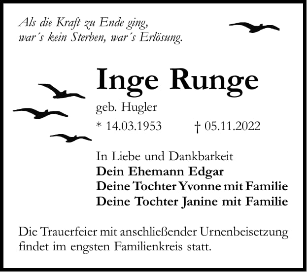 Traueranzeige Inge Runge, geb. Hugler