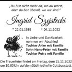 Traueranzeige Ingrid Szejstecki