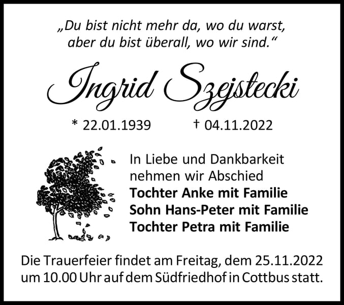 Traueranzeige Ingrid Szejstecki