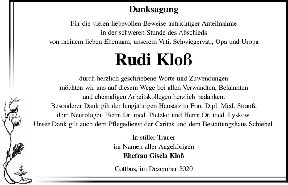 Danksagung Rudi Kloß