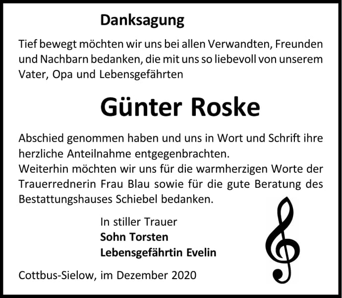 Danksagung Günter Roske