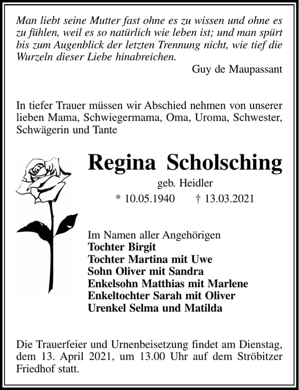 Traueranzeige Regina Scholsching, geb. Heidler