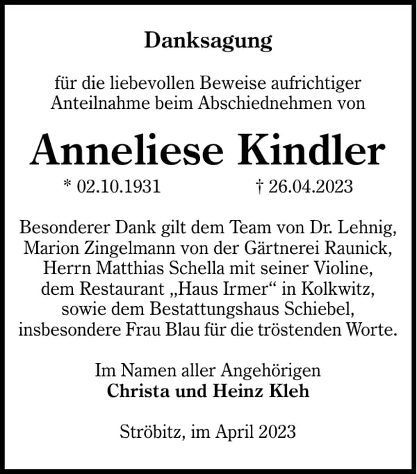 Danksagung Anneliese Kindler